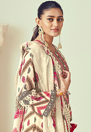Digital Printed Cotton Pakistani Suit in Cream