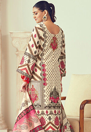 Digital Printed Cotton Pakistani Suit in Cream