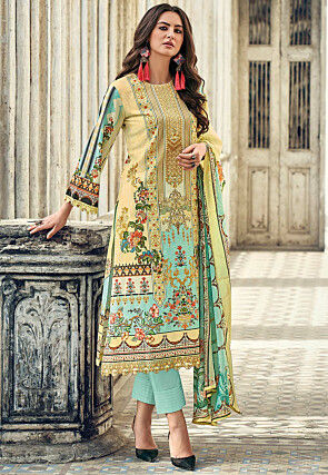 Digital Printed Cotton Pakistani Suit in Cream