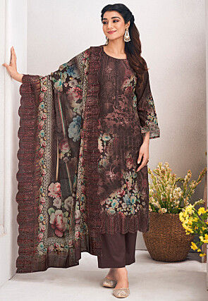 Digital Printed Cotton Pakistani Suit in Dark Brown