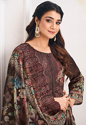 Digital Printed Cotton Pakistani Suit in Dark Brown