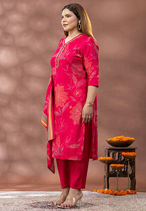 Digital Printed Cotton Pakistani Suit in Dark Fuchsia