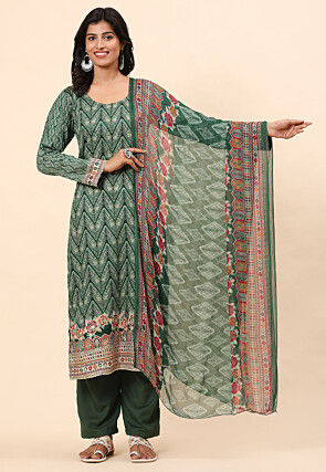 Digital Printed Cotton Pakistani Suit in Dark Green