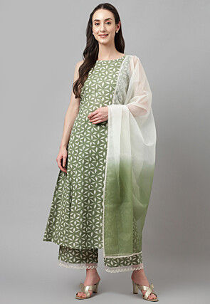 Digital Printed Cotton Pakistani Suit in Dusty Green