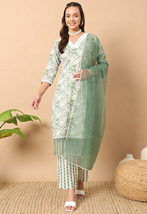 Digital Printed Cotton Pakistani Suit in Dusty Green