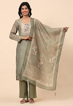 Digital Printed Cotton Pakistani Suit in Dusty Green