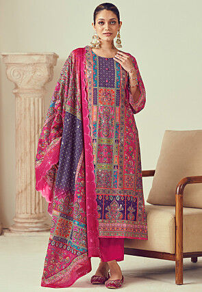Digital Printed Cotton Pakistani Suit in Fuchsia