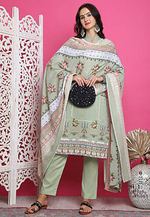 Digital Printed Cotton Pakistani Suit in Green