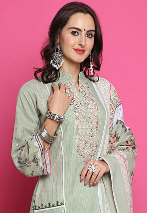 Digital Printed Cotton Pakistani Suit in Green