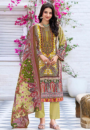 Digital Printed Cotton Pakistani Suit in Green