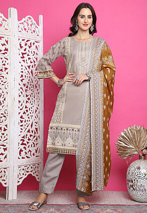 Digital Printed Cotton Pakistani Suit in Grey