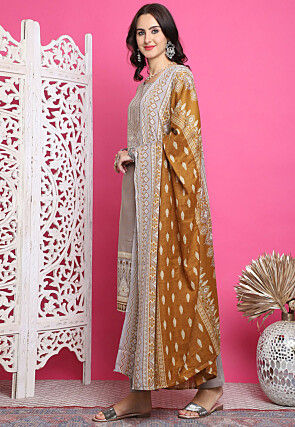 Digital Printed Cotton Pakistani Suit in Grey