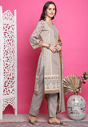 Digital Printed Cotton Pakistani Suit in Grey