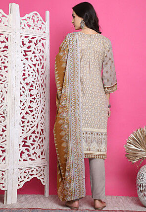 Digital Printed Cotton Pakistani Suit in Grey
