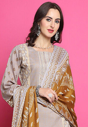 Digital Printed Cotton Pakistani Suit in Grey