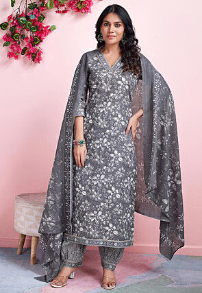 Digital Printed Cotton Pakistani Suit in Grey