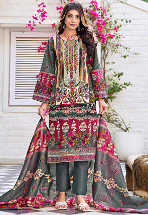 Digital Printed Cotton Pakistani Suit in Grey