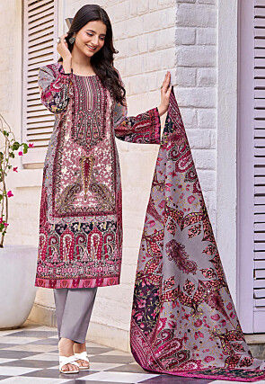 Digital Printed Cotton Pakistani Suit in Grey