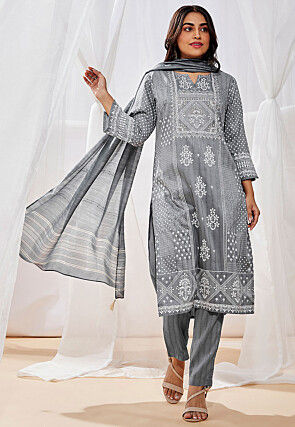 Digital Printed Cotton Pakistani Suit in Grey