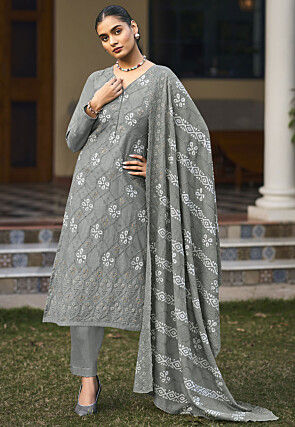 Digital Printed Cotton Pakistani Suit in Grey