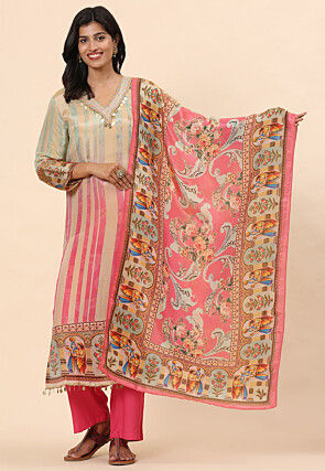 Digital Printed Cotton Pakistani Suit in Light Beige and Pink