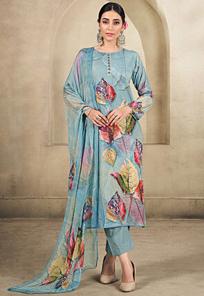 Digital Printed Cotton Pakistani Suit in Light Blue