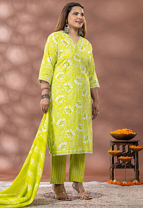 Digital Printed Cotton Pakistani Suit in Light Green