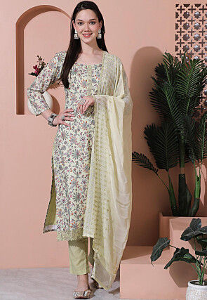 Digital Printed Cotton Pakistani Suit in Light Green
