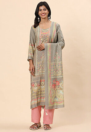 Digital Printed Cotton Pakistani Suit in Light Grey