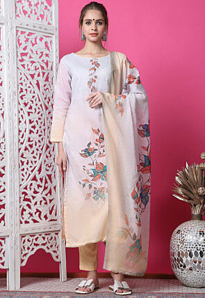 Digital Printed Cotton Pakistani Suit in Light Grey