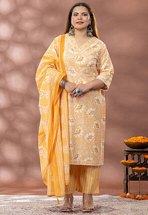 Digital Printed Cotton Pakistani Suit in Light Mustard