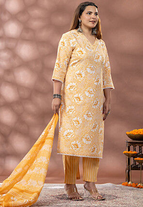 Digital Printed Cotton Pakistani Suit in Light Mustard