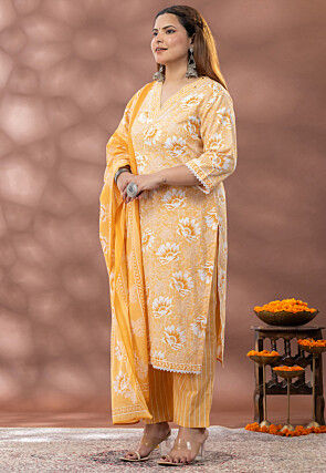 Digital Printed Cotton Pakistani Suit in Light Mustard