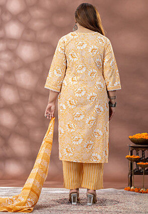 Digital Printed Cotton Pakistani Suit in Light Mustard
