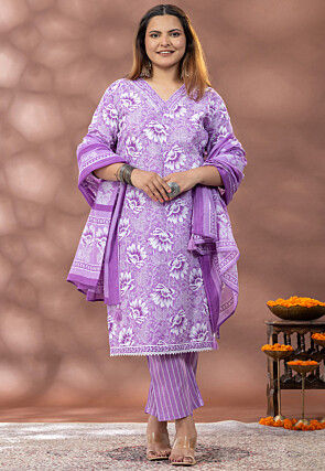 Digital Printed Cotton Pakistani Suit in Light Purple