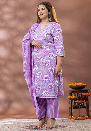 Digital Printed Cotton Pakistani Suit in Light Purple