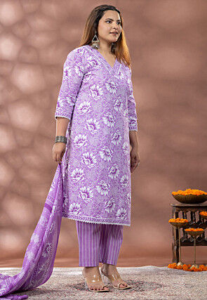 Digital Printed Cotton Pakistani Suit in Light Purple