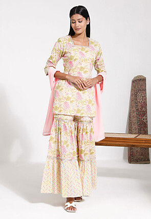Digital Printed Cotton Pakistani Suit in Light Yellow