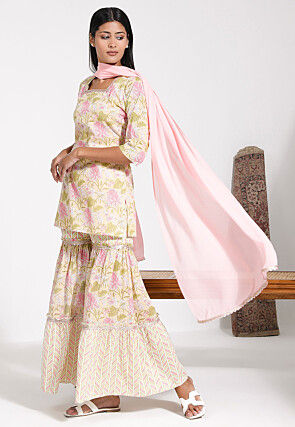 Digital Printed Cotton Pakistani Suit in Light Yellow