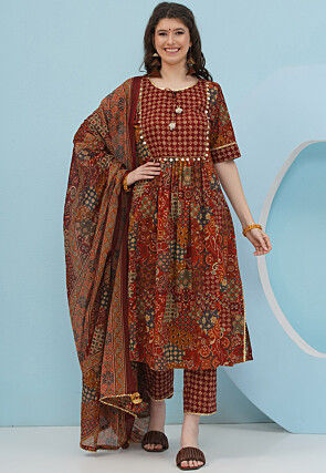 Digital Printed Cotton Pakistani Suit in Maroon
