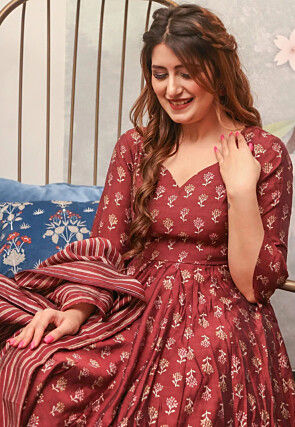 Digital Printed Cotton Pakistani Suit in Maroon