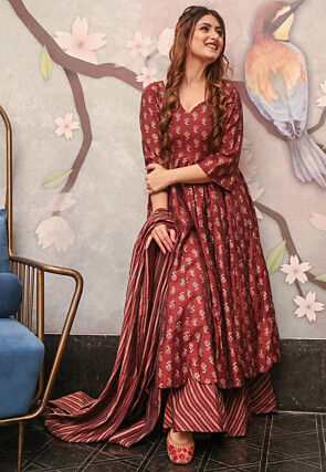 Digital Printed Cotton Pakistani Suit in Maroon