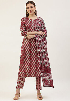 Digital Printed Cotton Pakistani Suit in Maroon