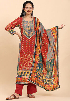 Digital Printed Cotton Pakistani Suit in Maroon