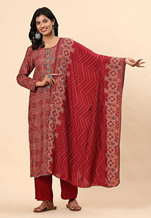 Digital Printed Cotton Pakistani Suit in Maroon