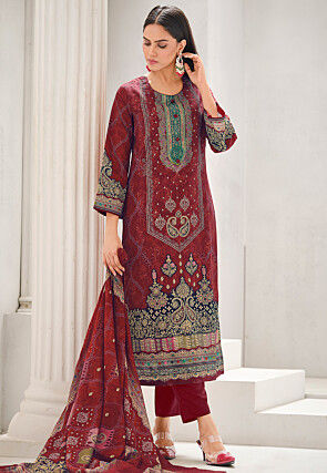 Digital Printed Cotton Pakistani Suit in Maroon