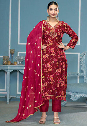 Digital Printed Cotton Pakistani Suit in Maroon