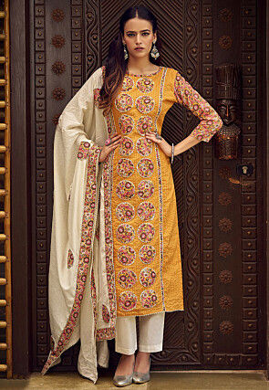 Digital Printed Cotton Pakistani Suit in Mustard