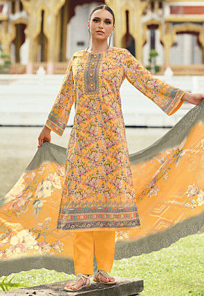 Digital Printed Cotton Pakistani Suit in Mustard