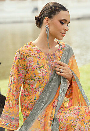 Digital Printed Cotton Pakistani Suit in Mustard